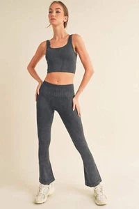 Yelete Active Stone Washed High Rise Flared Hem Leggings in 5 Colors - Picture 1 of 35