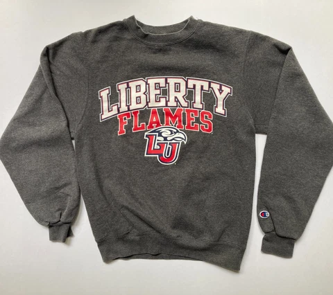 Liberty University Flames Champion Crew Neck Sweatshirt Mens XS Eco Fleece Gray Cover
