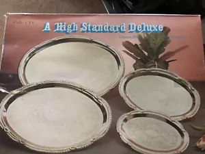 Vintage 1980's Set 4 Small Medium Large Ornate Oval Chrome Serving Trays - Picture 1 of 6