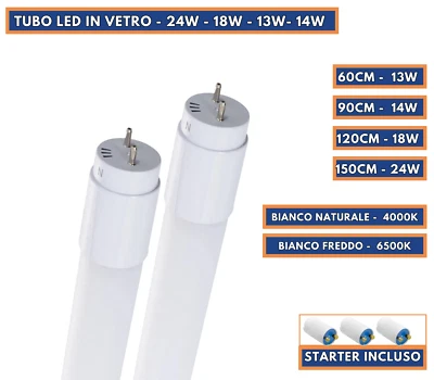 TUBO NEON LED 120 150 90 60 CM STARTER INCLUSO - T8 LED Luce Naturale Fredda - Immagine 1 di 4