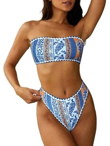 ZAFUL Damen trägerloser strukturierter Bandeau Bikini 2-teilig Bademode frech solide Spitze - Bild 1 von 7