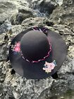 Women’s Custom Floppy Sun Hat-Black W/ Pink Flowers-Braided Band. Tazzle Hat Co.