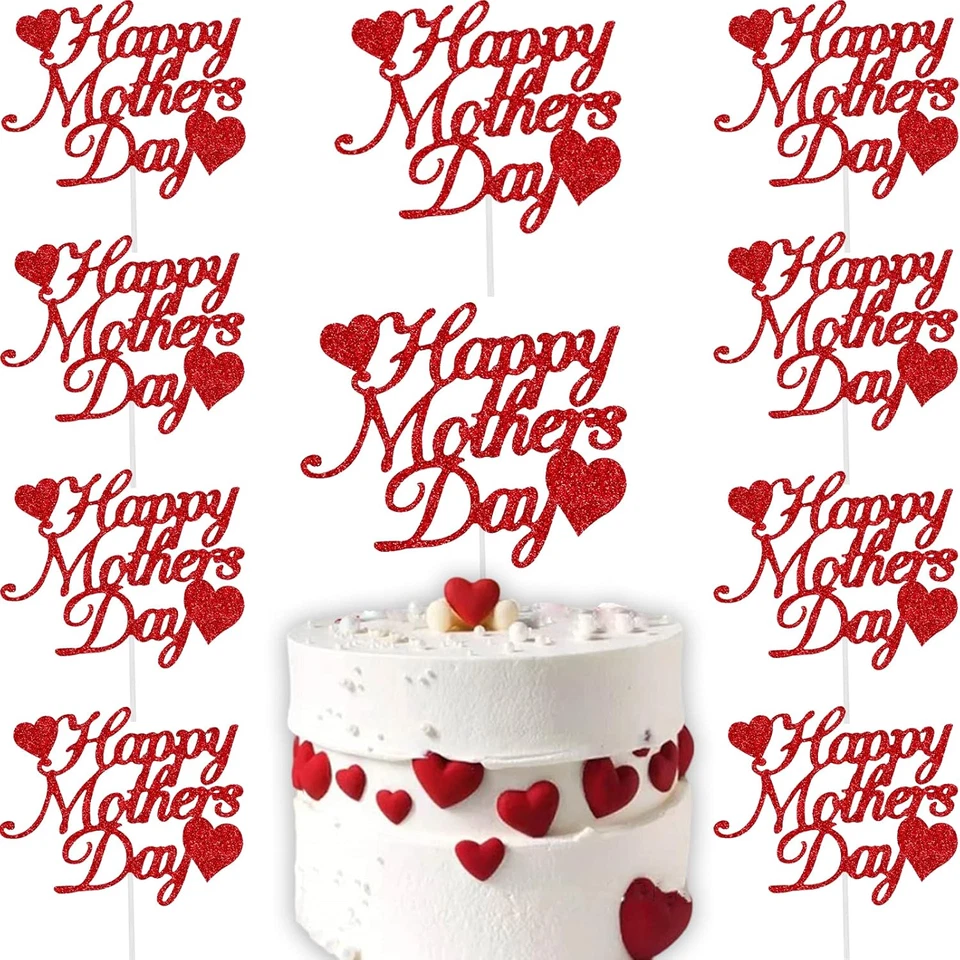 15Pcs Happy Mother'S Day Cake Topper Red Glitter Cake Topper Mothers Day Cupcake - Image 1 of 4