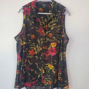 Blusa Roz & Ali Negra Floral Sin Mangas Transparente Boho Playa Tropical Talla Grande 2x - Imagen 1 de 8