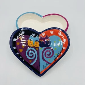 Laurel Burch Gantz Heart Shaped 2 Face Cat Trinket Jewelry Box Lid Blue Purple - Picture 1 of 10
