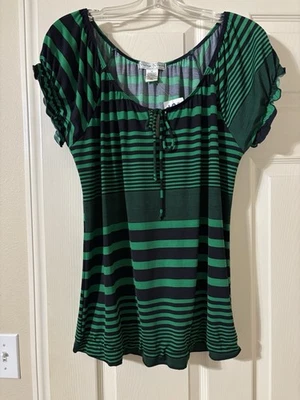  Top de manga corta vintage Suzie a rayas verdes y negras nuevo con etiquetas.  XL Foto 1 de 4