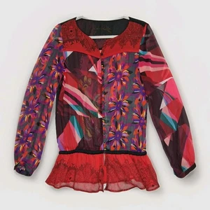 Desigual transparente Bluse Top Damen kleine Knopfleiste rot leuchtend vielseitig Schößchen - Bild 1 von 19