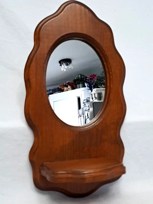 Vintage Wood Mid Century Oval Mirror Wall Trinket Display Perfume Floating Shelf - Image 1 of 4