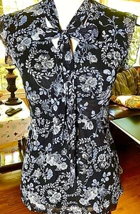 New York Co Sheer Blouse Lined Blue Tie Ladies S 4 6 Bust 32 NylonKnit CapSleeve - Picture 1 of 5