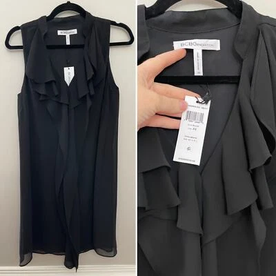 NWT BCBG Black Chiffon Feminine Minimalist Ruffle Front Cocktail Dress XS - Image 1 of 4