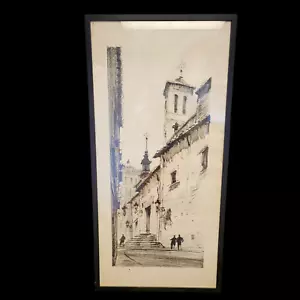 Vintage Madrid Cityscape Sketch Street Scene Drawing Signed By Artist - Picture 1 of 12