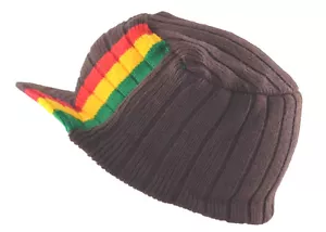 Rasta Visor Beanie Cap Stripe Jamaica Reggae Hat Brown Red Yellow Green - Picture 1 of 1