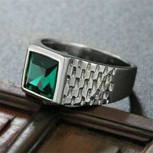 14k White Gold Plated Princess Cut 3Ct Lab-Created Green Emerald Men's Band Ring