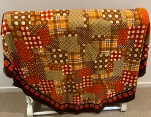 Retro Vintage Round Tablecloth Orange Brown Fabric Faux Patch 1970's Rare Find - Picture 1 of 4