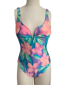 Vtg 80's 90's One Piece Floral Leaves Pastel Swimsuit 12 V-Neck Wire Bra Sessa - Picture 1 of 8