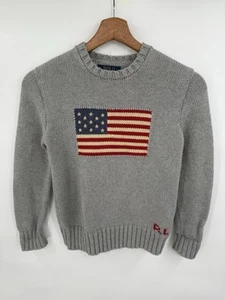 Polo Ralph Lauren Iconic Flag Cotton Crewneck Jumper Sweater Boys M (10-12) Gray - Picture 1 of 6