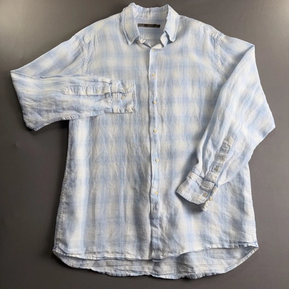 Camisa azul a cuadros de manga larga grande con botones de lino para hombre Raffi Linea Uomo Foto 1 de 4