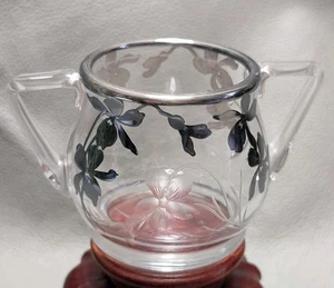Antique Sugar Bowl, Silver Overlay Art Nouveau Design of Violets, Blown Glass - Picture 1 of 19