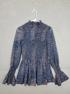 Dot Print Smocked Blouse Medium Navy Blue Peplum Bell Sleeve Chiffon Tunic  - Picture 1 of 7