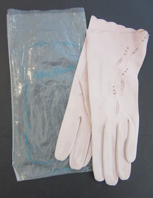 Van Raalte vintage BLUSH PINK Gloves Beaded Cut-outs Size 7 1/2 NOS - Image 1 of 4