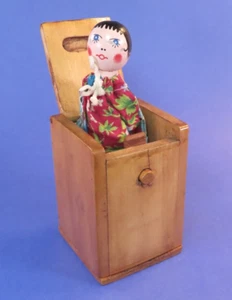 Vintage Wood Pop-Up Happy Sad Doll Jill "Jack" in the Box Push Button Wooden Box - Picture 1 of 15