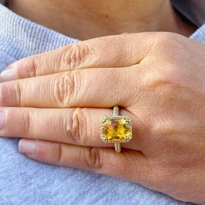 14K Yellow Gold Cushion Natural Yellow Citrine Round Cut Diamonds Ring 4.75ct - Picture 1 of 10