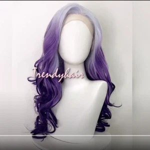 Rooted Ombre Purple Long Curls Wavy Hair Synthetic Lace Front Wig Drag Queen Wig - Picture 1 of 9
