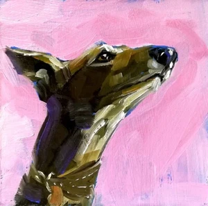 Pintura al óleo de perro Whippet Arte original Pequeño caprichoso Decoración de retrato de mascota 4x4" - Imagen 1 de 6