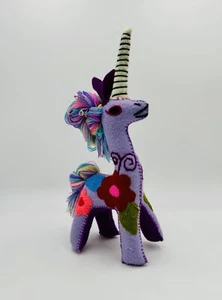Folk Art Purple UNICORN Wool Plush Floral Embroidered Handmade BOHO 13” Mexican - Picture 1 of 10