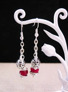 Gorgeous Fancy Sterling Silver Ruby Dangle Earrings F72 - Picture 1 of 2