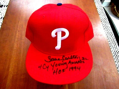 STEVE CARLTON 32 4X CY YOUNG PHILLIES HOF STAT SIGNED AUTO NEW ERA CAP HAT JSA   - Image 1 of 4