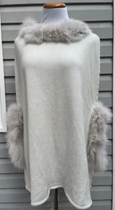 NEIMAN MARCUS Wool Blend LIGHT GRAY Genuine Fox Fur Trim PONCHO SHAWL CAPE WRAP - Picture 1 of 7