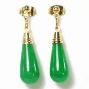 Moda genuina verde jade gota de agua lágrima 18KGP Stud colgar pendientes mujeres - Imagen 1 de 3