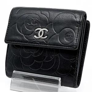 CHANEL Camellia W Hook Wallet Black Purse Leather Lambskin Logo Coco Mark Auth - Picture 1 of 18