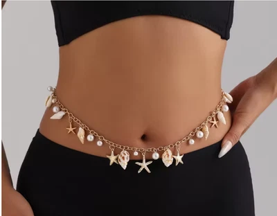 Seashell Belly Body Chain Starfish Charms Pearl Dangles Waist Bikini Belt Beachy - Image 1 of 4