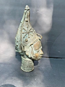 Vintage West African Bronze Head Sculpture - Benin Kingdom Style 13" - Picture 1 of 4