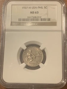 1937M US Philippines 5 Centavos NGC MS63 - Picture 1 of 5