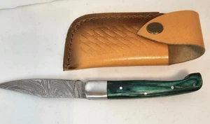 New Damascus folding blade knife with TEAL Wooden handle leather sheath handmade - Picture 1 of 20