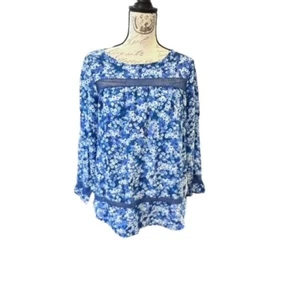 Gap Blue White Floral Crochet Inset Long Sleeve Boho Blouse Size Small COTTAGE - Picture 1 of 15