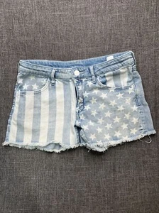H&M &Denim Denim Shorts Girls Size 13-14Y Flag Washed Design Cut-Off Bottom - Picture 1 of 9