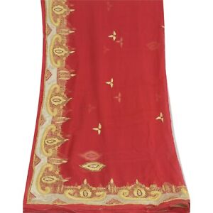 Sanskriti Vintage Dupatta Long Stole Pure Chiffon Silk Red Hand Beaded Wrap Veil