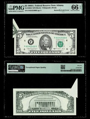 BUTTERFLY FOLD  ERROR $5 1988-A FR NOTE  FR.#1980-F ATLANTA , PMG GEM UNC 66 EPQ - Image 1 of 3