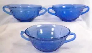 3 Blue Royal Lace Cream Soup Bowls Depression Glass Hazel Atlas Vintage Good - Picture 1 of 6