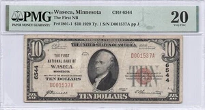 FIRST NB WEST WASECA, MN $10.00 1929 PMG 20 Charter 6544 - Picture 1 of 2