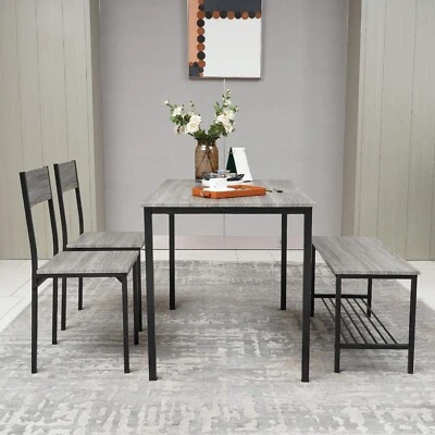 4 Piece Dining Table Set Wooden Compact Table 2 Chairs 1 Bench Set Metal Grey - Image 1 of 4