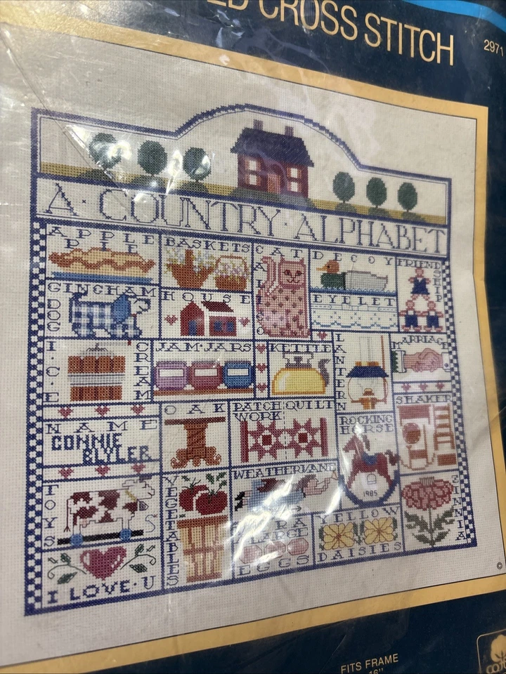 Vintage SUNSET Counted Cross Stitch Kit 16x16 Country Sampler Alphabet #2971