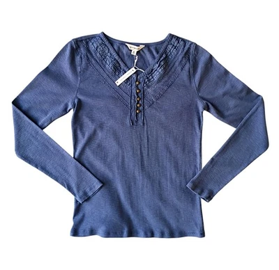 New Lucky Brand Blue Ruffle Lace Henley Long Sleeve Top Size Medium - Image 1 of 4