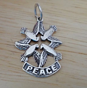 Sterling Silber 23x17mm 4 Friedenstauben im Kreis und sagt Frieden Charm - Bild 1 von 5