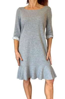 THREE 3 DOTS GRAY FLEECE SHORT SLEEVE FLOUNCE MINI SWEATSHIRT DRESS PULLOVER S - Image 1 of 4