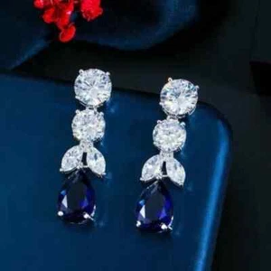 2.10Ct Pear Cut Lab Created Sapphire Women's Drop Earrings 14K White Gold Plated - Picture 1 of 5